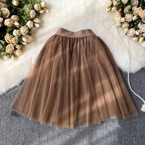 Nukty Sweet Women Mini Skirt Mesh Solid Tiered Ruffles Elastic Waist A-line Tulle Skirt