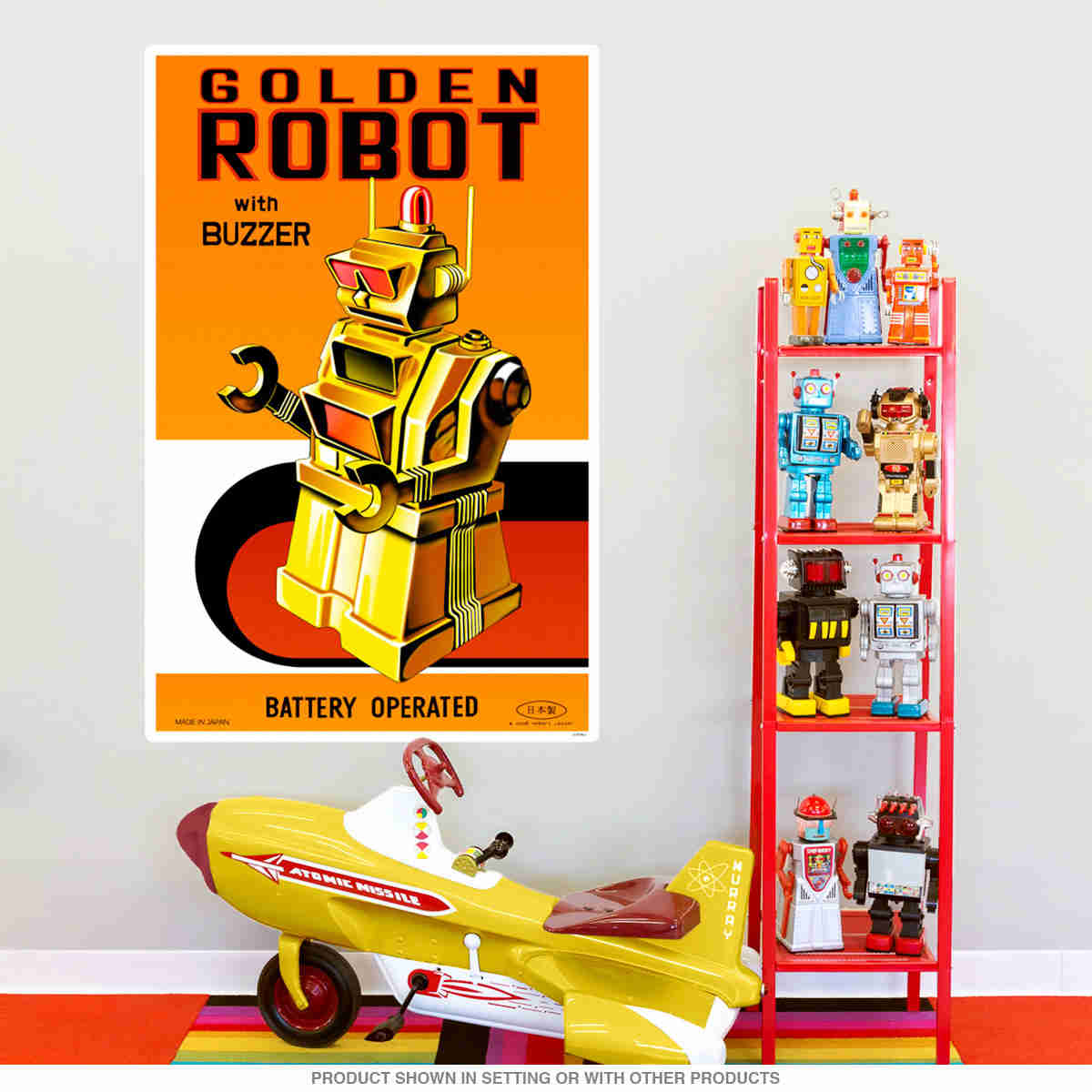 Golden Robot Tin Toy Wall Decal - Retro Sci-Fi Decor for Kids & Playrooms