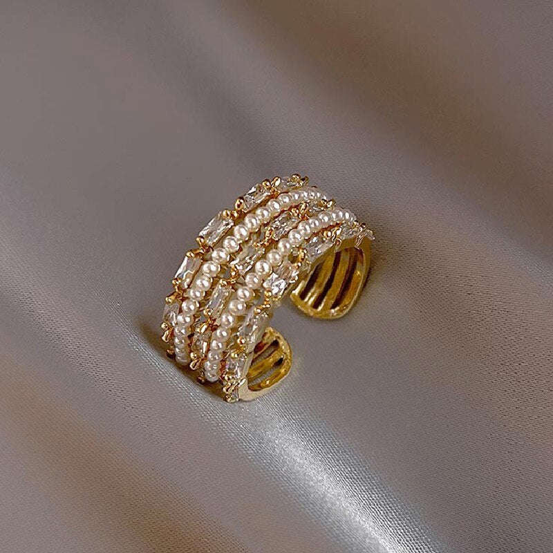 Elegant Multilayer Zircon Pearl Rings for Women - Adjustable Trendy Jewelry