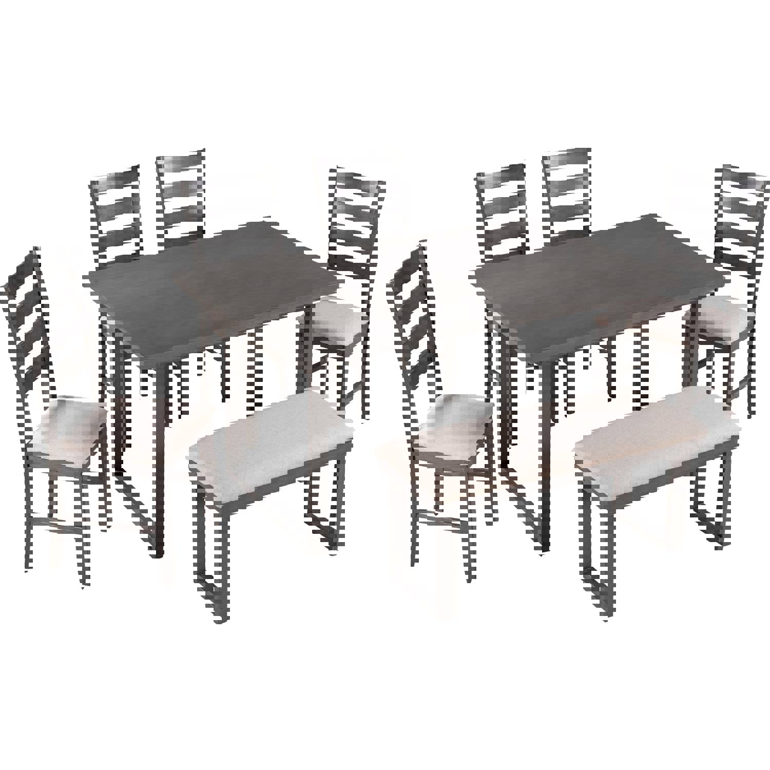 6-Pieces Solid Wood Dining Room Set with Rectangular Table, 4 Chairs, and Bench