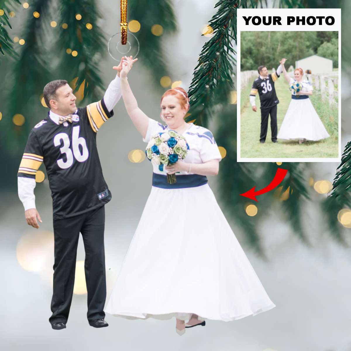 Personalized Photo Mica Ornament - Gift For Couple - American Football Couple Wedding Photo ARND037