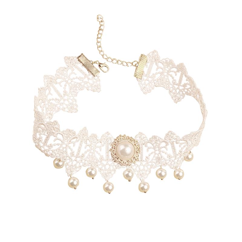 1pc Romantic Women Choker Vintage Fake Pearl Lace Decor Bridal Choker Collar Necklace