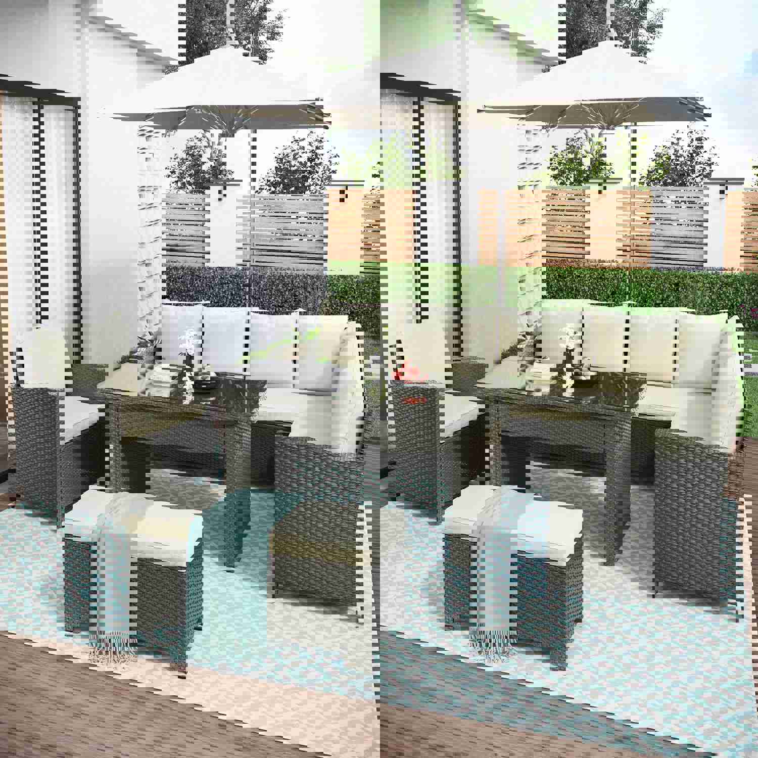 U_STYLE 6-Piece Outdoor Patio Furniture Set with Dining Table, Chairs, Bench, and Cushions