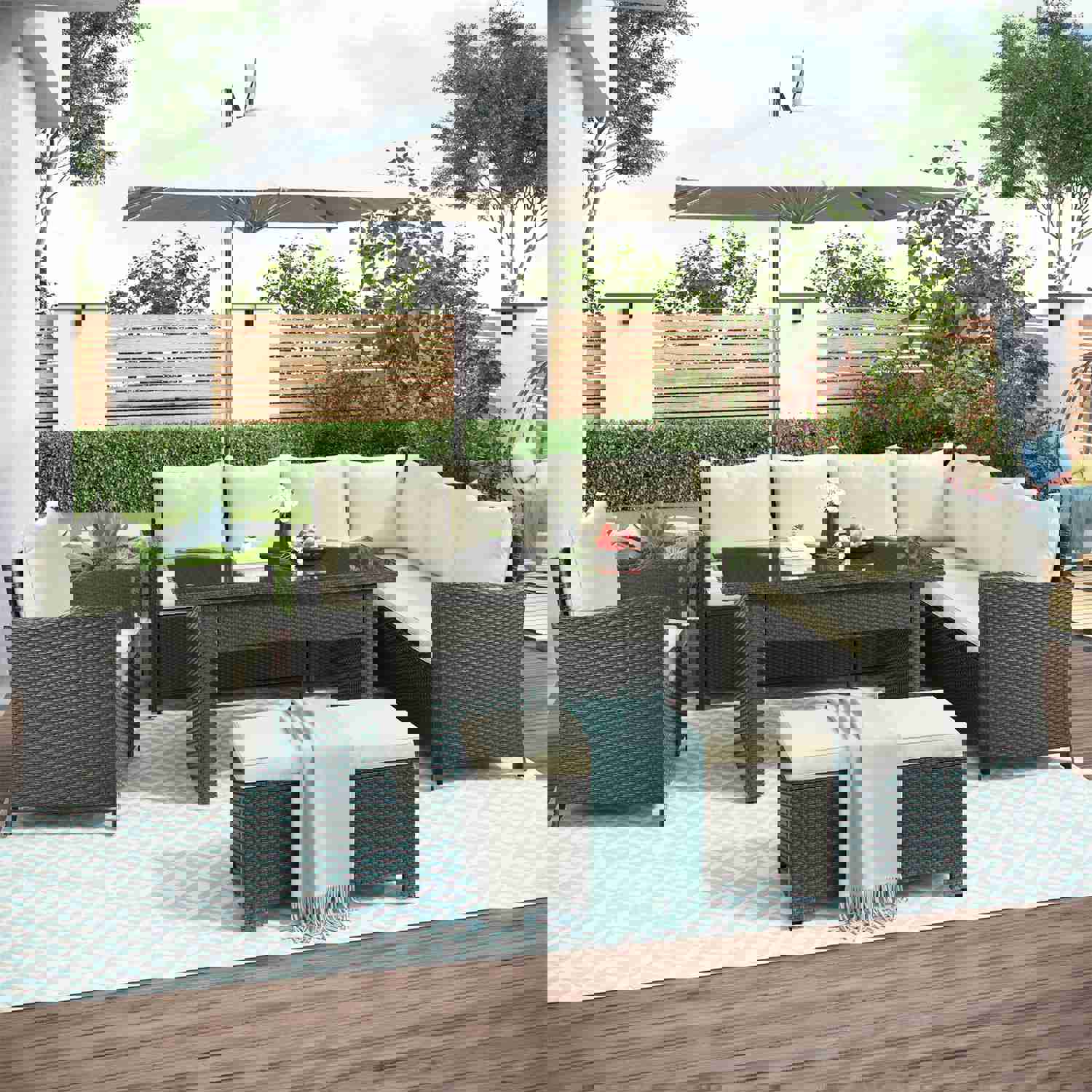U_STYLE 6-Piece Outdoor Patio Furniture Set with Dining Table, Chairs, Bench, and Cushions
