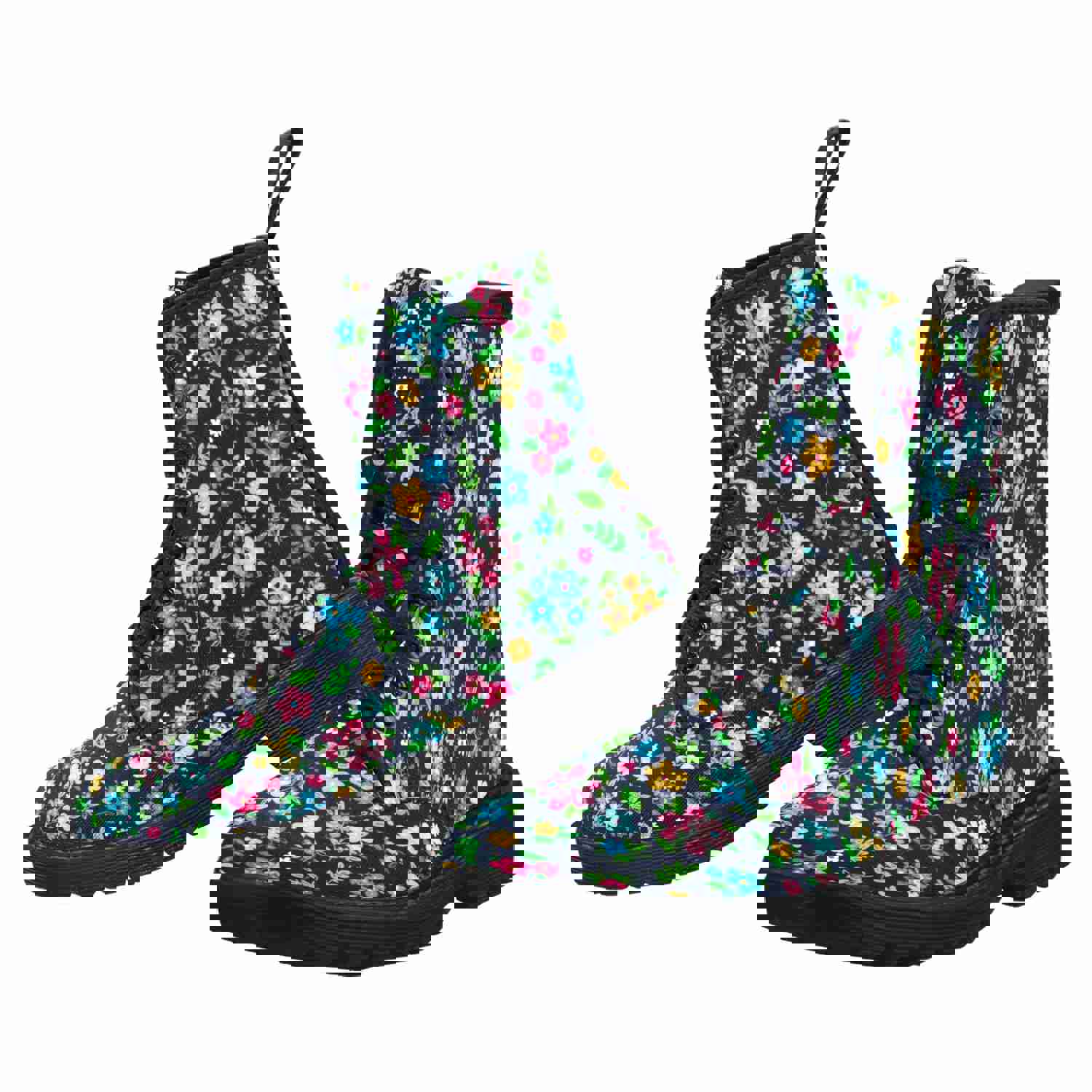 Cute Flowers Women's Boots - Colorful Watercolor Floral Vegan Canvas Lace Up Shoes