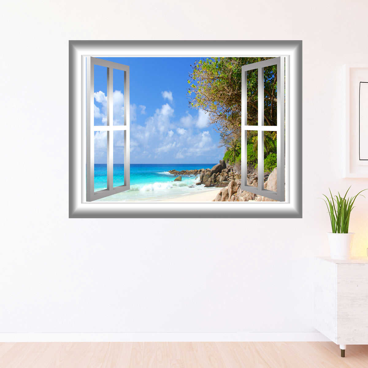 Coastline Beach View Window Frame Vinyl Wall Decal - Easy Peel and Stick Removable Decoration