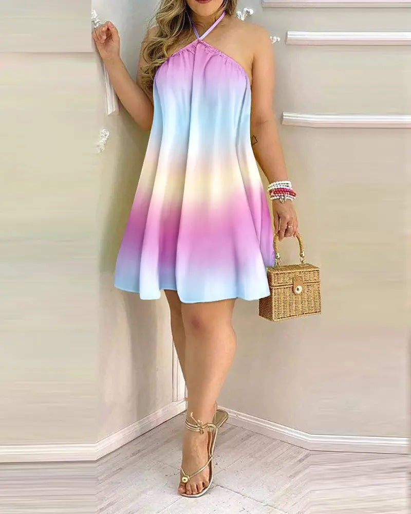 Elegant Off Shoulder Halter Neck Lace Loose Dress for Women