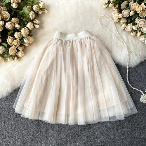 Nukty Sweet Women Mini Skirt Mesh Solid Tiered Ruffles Elastic Waist A-line Tulle Skirt