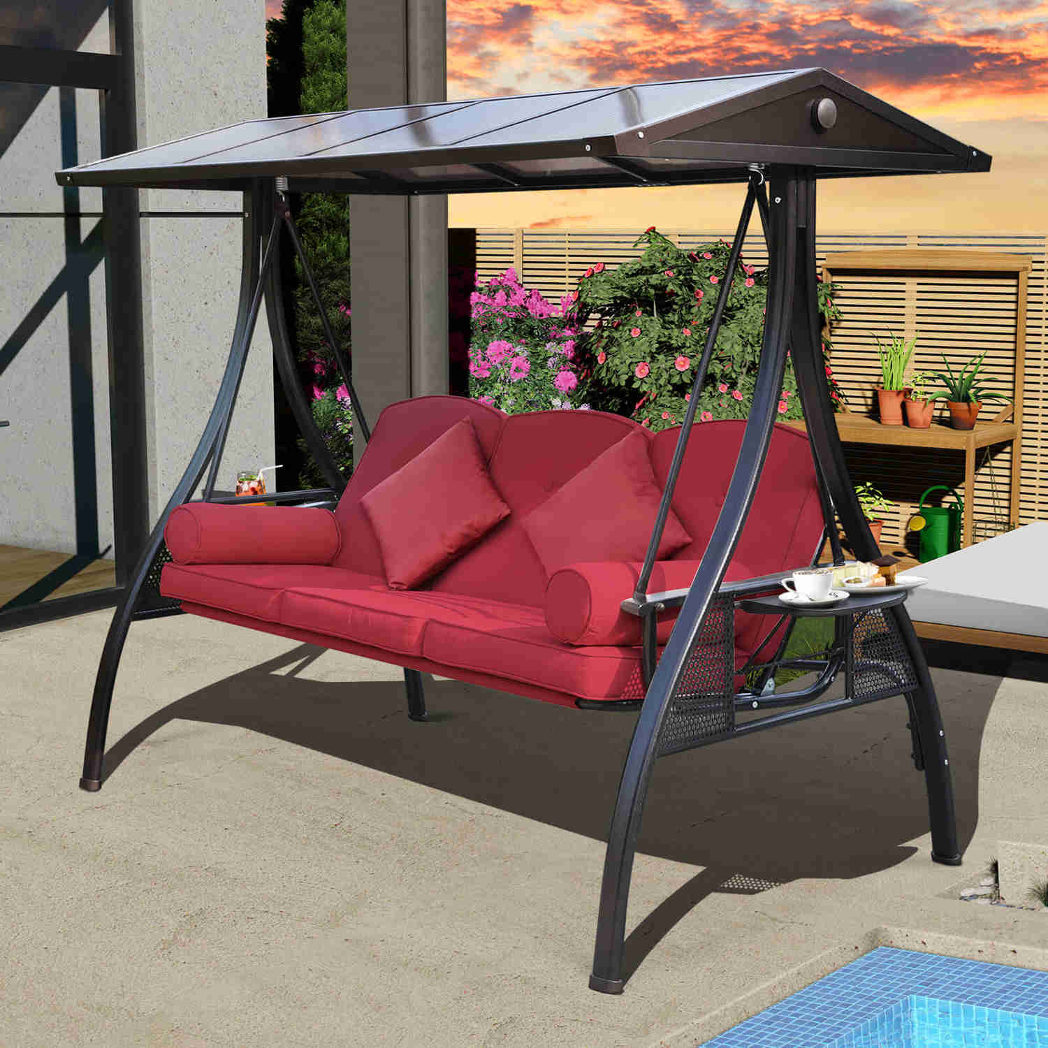 Patio Porch Swings with Adjustable PC Canopy, 3 Cushions, 2 Foldable Cup Holders & 4 Pillows, Wine Red