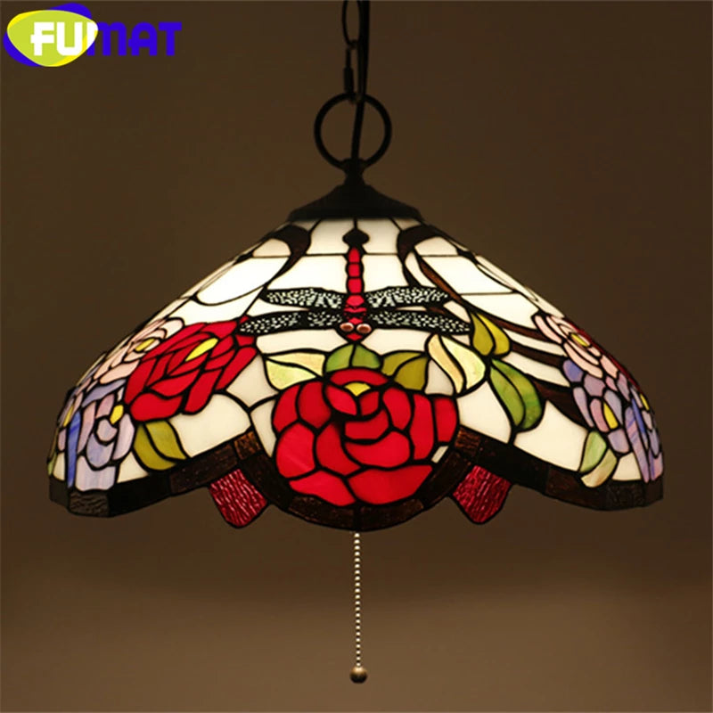 FUMAT Pink Rose Dragonfly Pendant Lamp - 16 Inches Tiffany Style Stained Glass LED Hanging Light