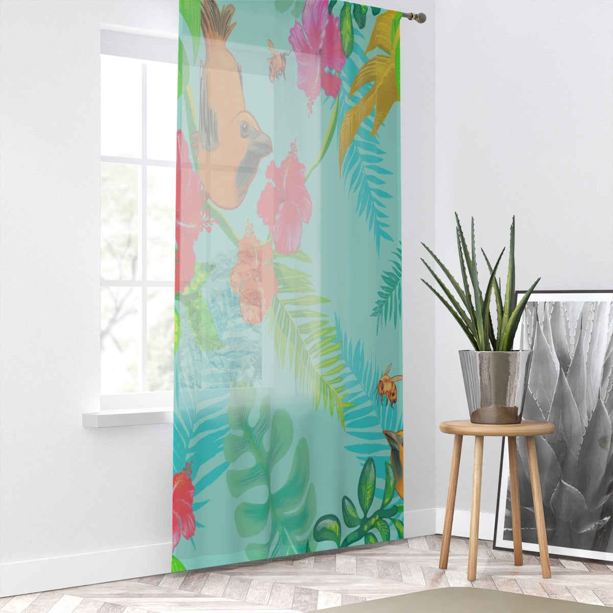 TROPICAL BIRDS & TEAL - SHEER Window Curtain