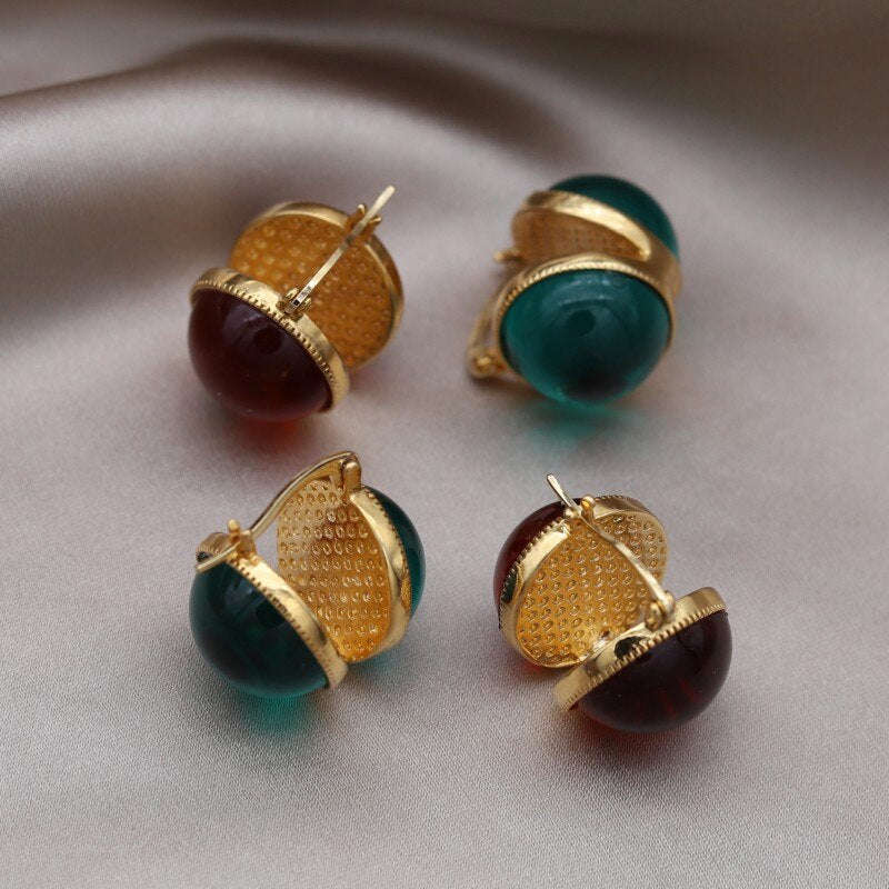 Korean Design 14K Gold Plated Round Glass Hoop Earrings for Women