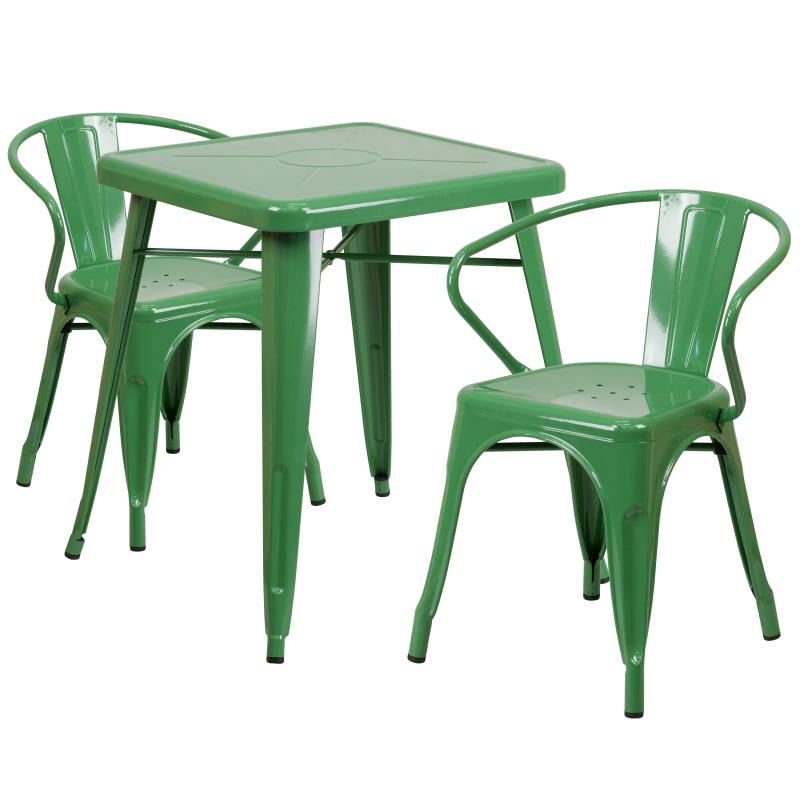 Flash Furniture Owen Commercial Grade 23.75 Square Green Metal Indoor-Outdoor Table Set with 2 Arm Chairs