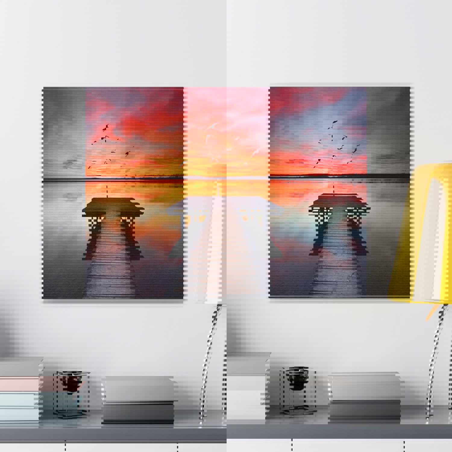 Wooden Bridge Lake View Dawn Nature Wilderness Photography Canvas Wall Art for Home Decor