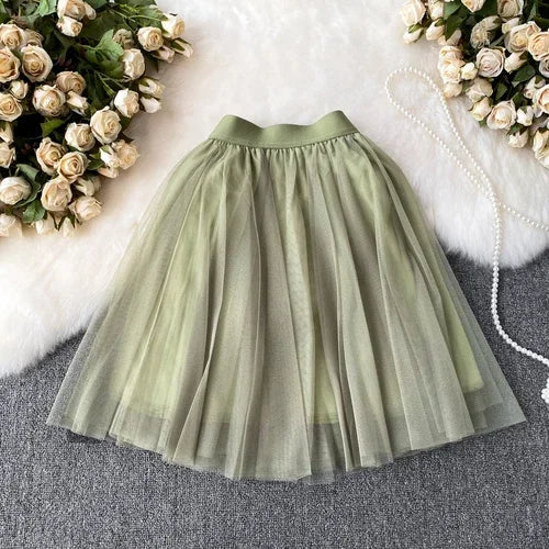 Nukty Sweet Women Mini Skirt Mesh Solid Tiered Ruffles Elastic Waist A-line Tulle Skirt