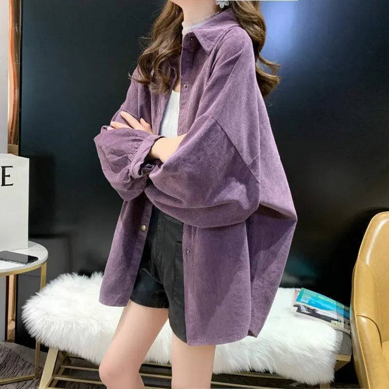 Nukty Long Sleeve Corduroy Fashion Blouse Shirt for Women - Autumn Winter Casual Wear
