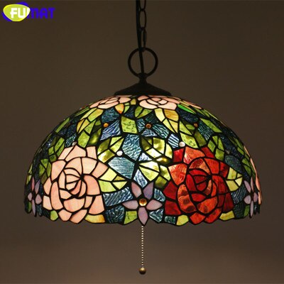FUMAT Pink Rose Dragonfly Pendant Lamp - 16 Inches Tiffany Style Stained Glass LED Hanging Light