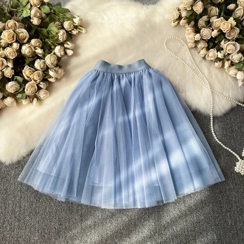 Nukty Sweet Women Mini Skirt Mesh Solid Tiered Ruffles Elastic Waist A-line Tulle Skirt