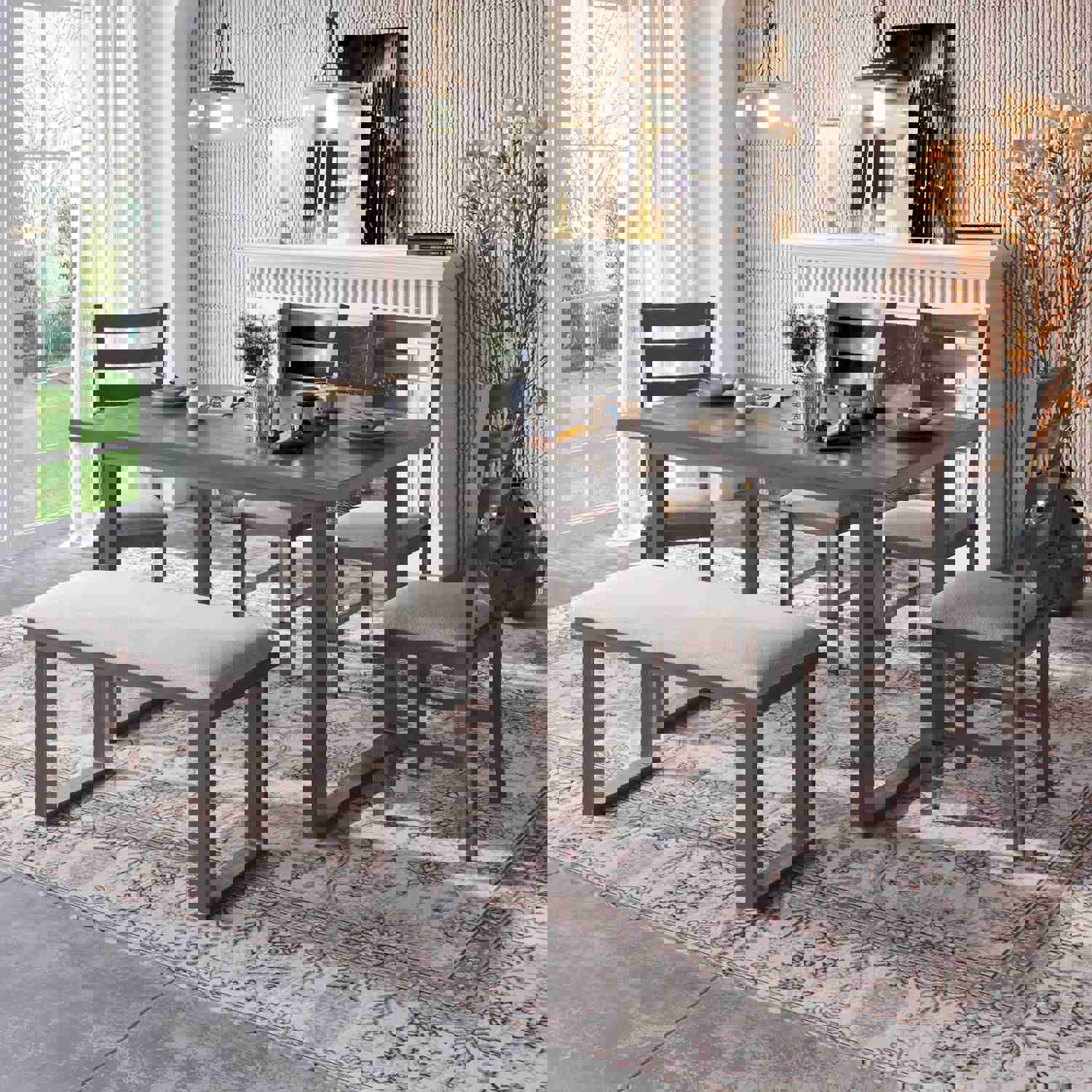 6-Pieces Solid Wood Dining Room Set with Rectangular Table, 4 Chairs, and Bench