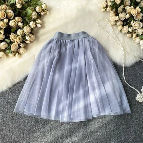 Nukty Sweet Women Mini Skirt Mesh Solid Tiered Ruffles Elastic Waist A-line Tulle Skirt