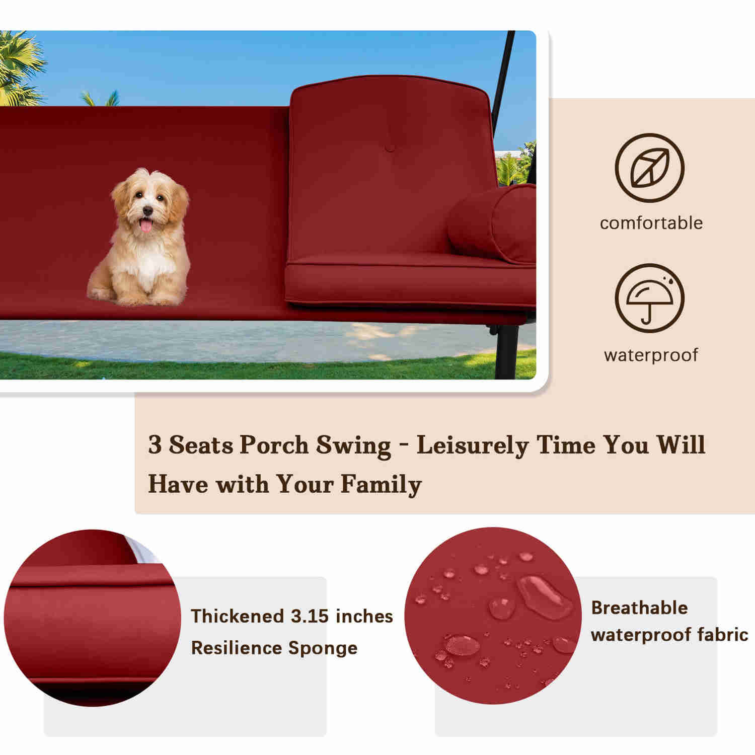 Patio Porch Swings with Adjustable PC Canopy, 3 Cushions, 2 Foldable Cup Holders & 4 Pillows, Wine Red