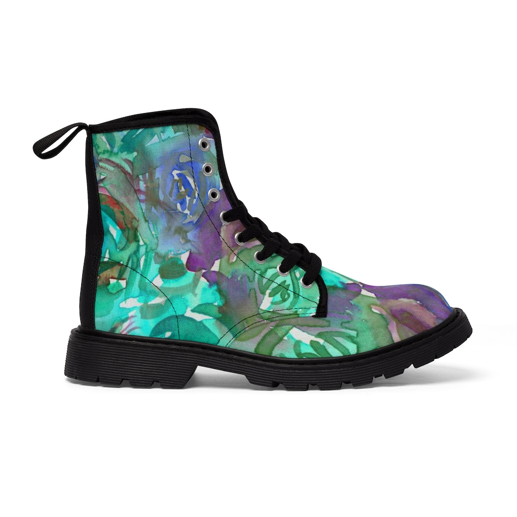 Blue Purple Floral Women's Boots - Vintage Style Combat Hiking Boots