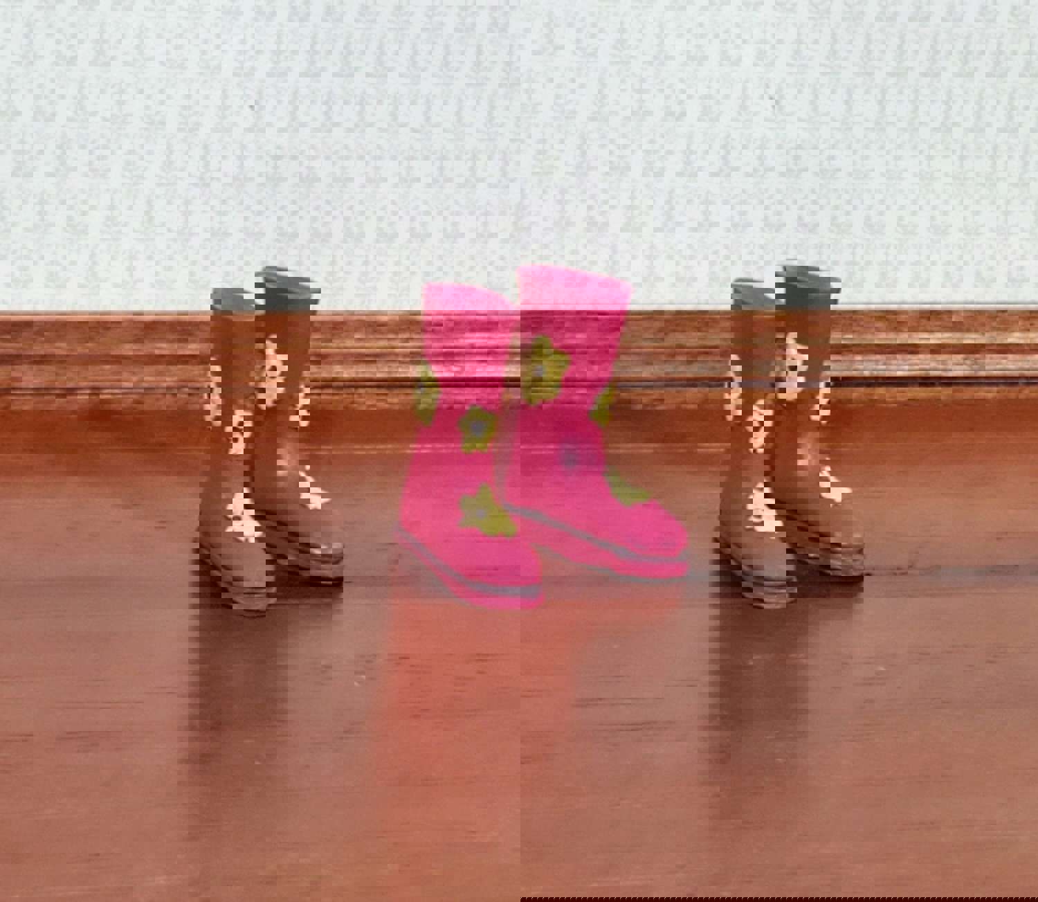1:12 Scale Miniature Pink Rain Boots with Yellow Flowers - Resin Dollhouse Decor
