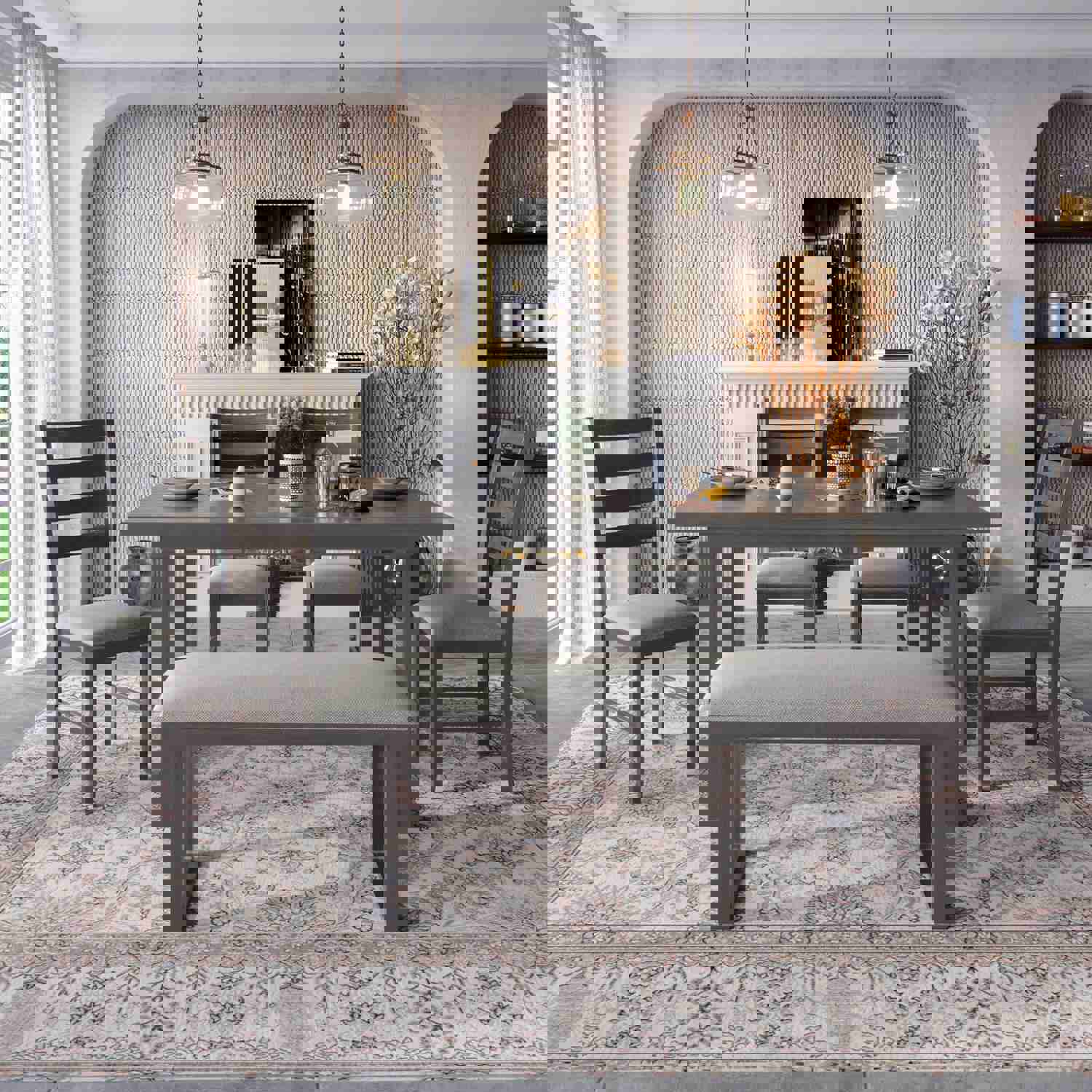 6-Pieces Solid Wood Dining Room Set with Rectangular Table, 4 Chairs, and Bench