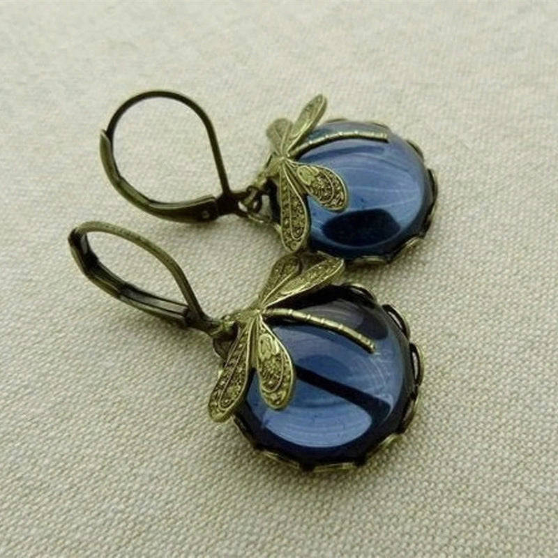 Vintage Dragonfly Pendant Earrings with Blue Moonstone - Boho Chakra Jewelry for Women