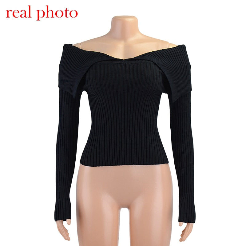 Cryptographic Chic Off Shoulder Ribbed Knit Women's Top - Long Sleeve Cropped Streetwear