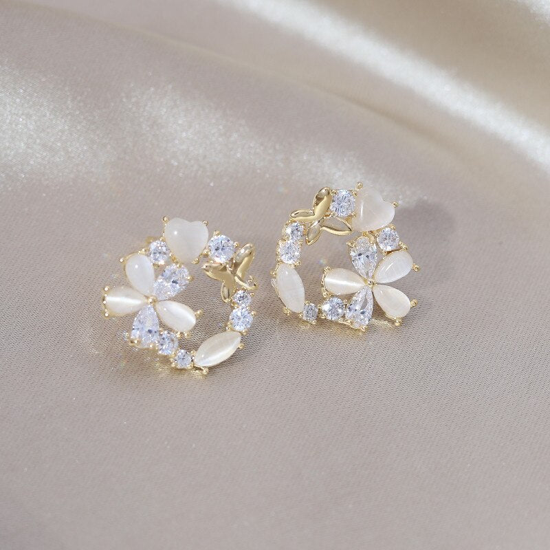 Elegant 14K Gold Plated Zircon Opal Flower Butterfly Earrings for Women