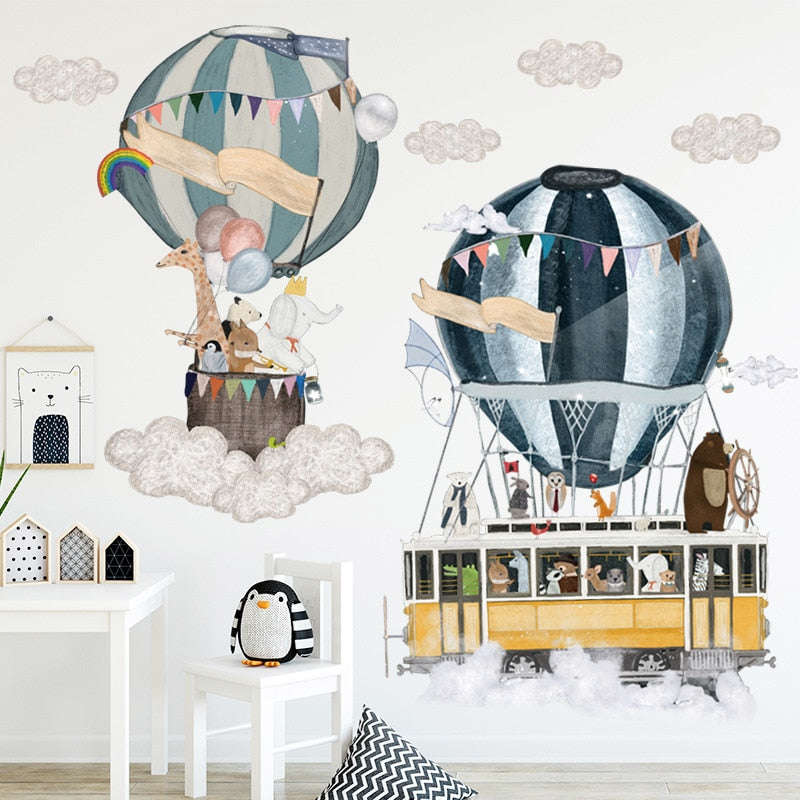 Qfdian Cartoon Cute Animals Hot Air Balloon Wall Stickers for Kids Room, Nursery, and Home Decor