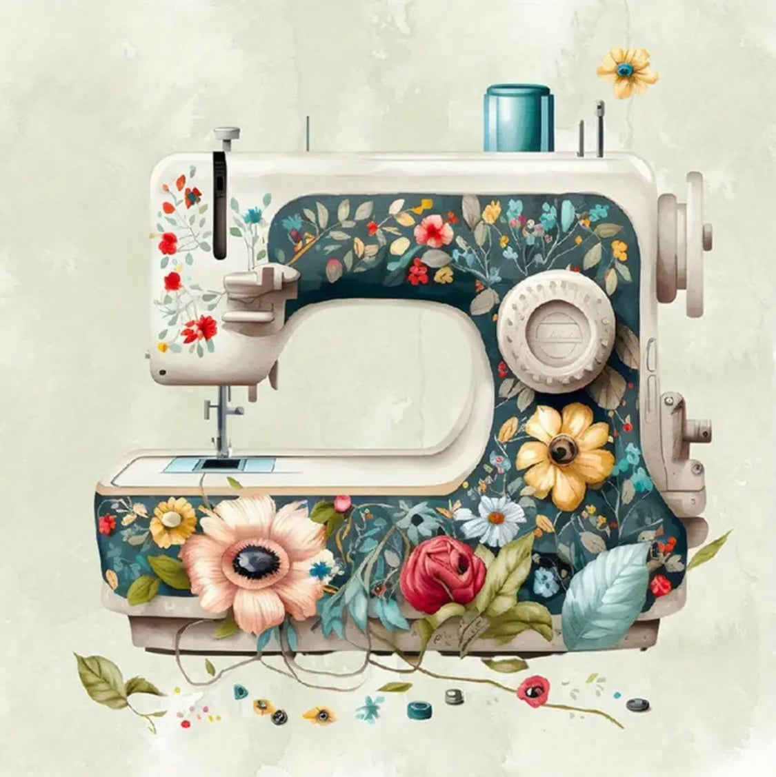 Diamond Painting Kit - Old Fashioned Vintage Sewing Machine Floral Design DIY Craft