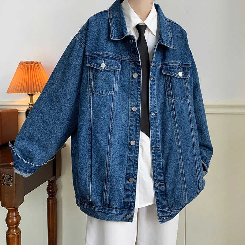 Nukty Plus Size 5XL-M Black Denim Jacket for Men, Turn Down Collar, Multi-Pockets, Streetwear Loose Casual Coat
