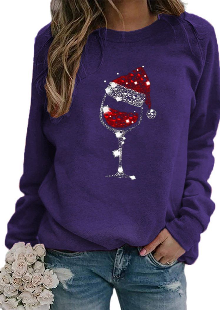 Fashion Christmas Hat Red Wine Glass Printing Long Sleeve Round Neck Pullover Tops for Women