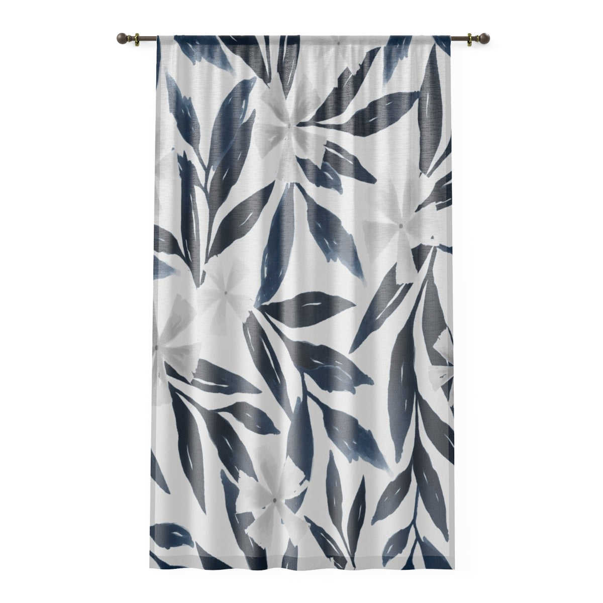 SILVER FLOWERS & NAVY PAINTED - SHEER Window Curtain