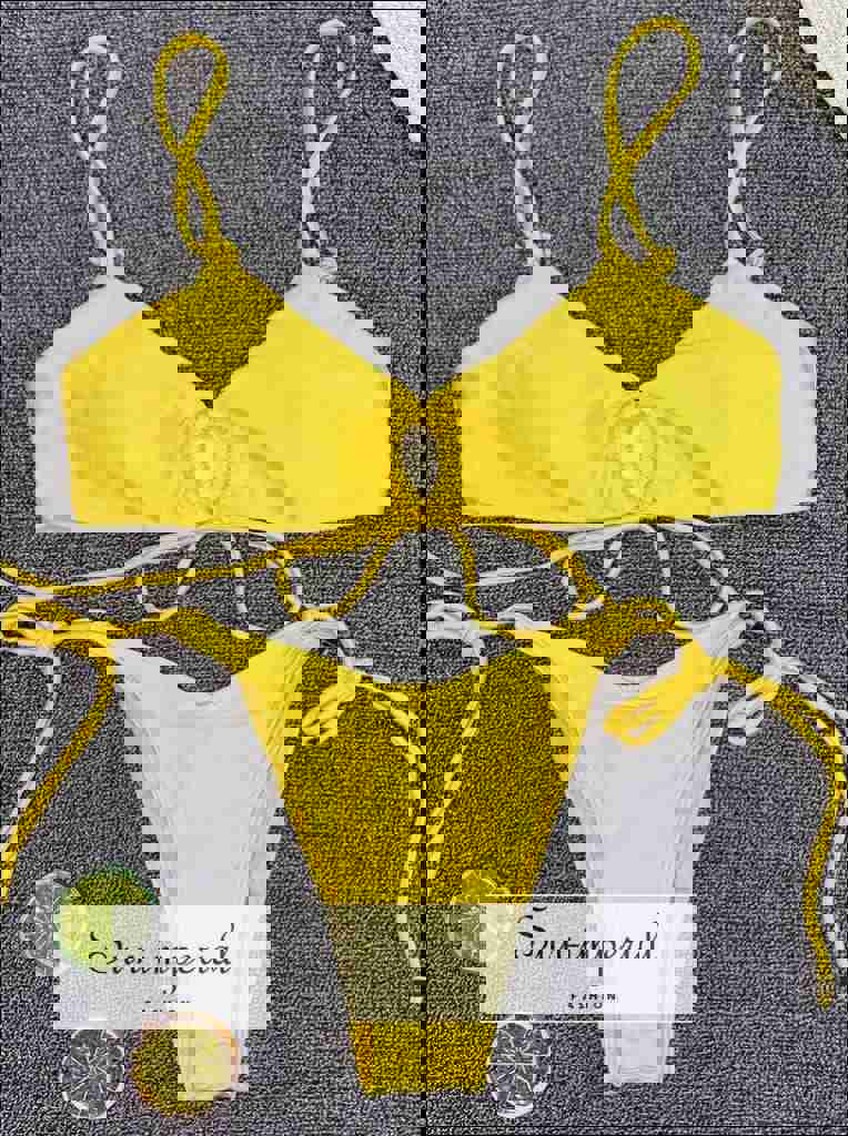 Scalloped String Bikini Swimsuit - Red Wine