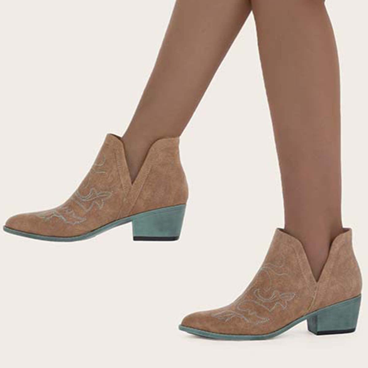 Embroidered V Cutout Western Ankle Boots with Chunky Heel