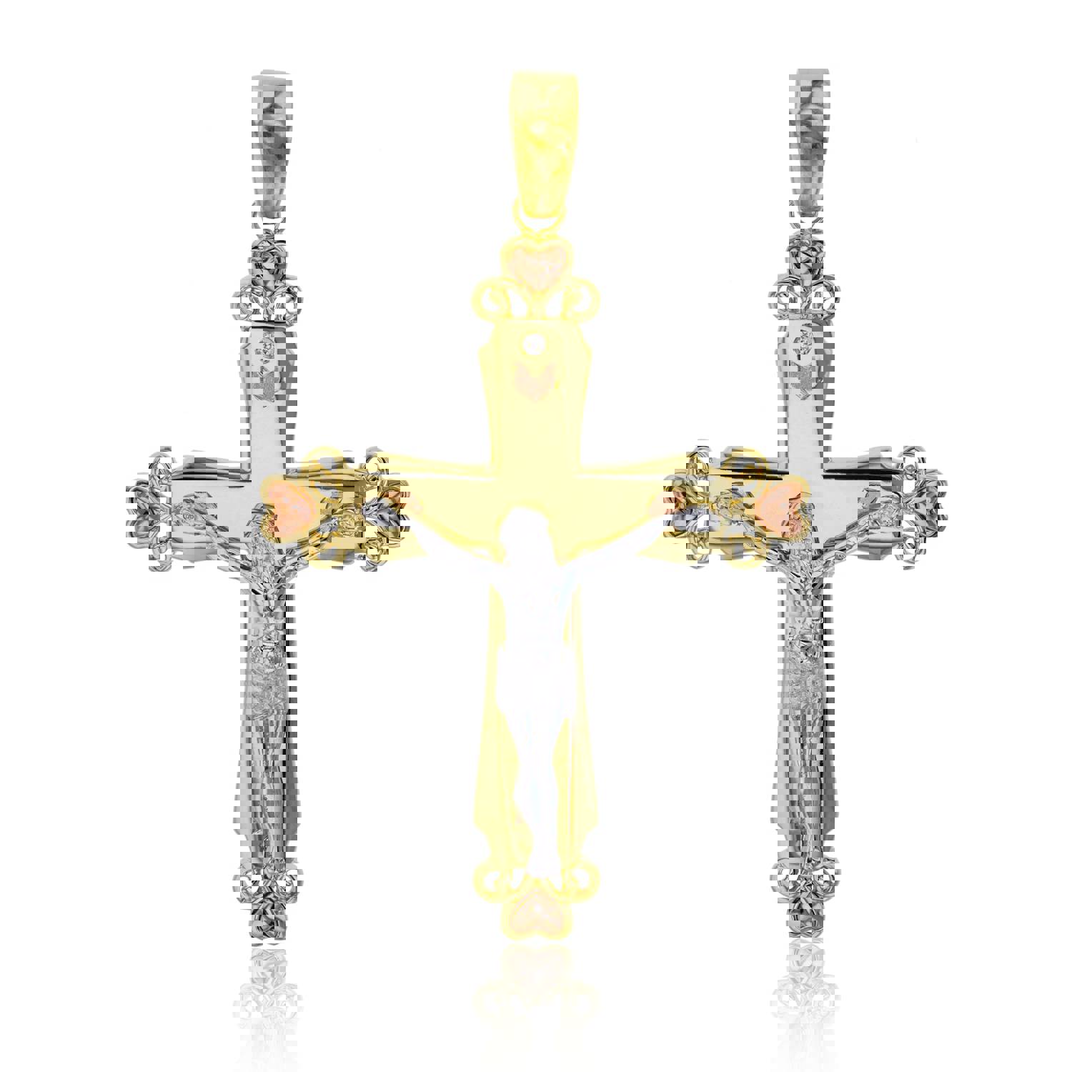 14K Gold Tricolor 56x35mm Cross Pendant