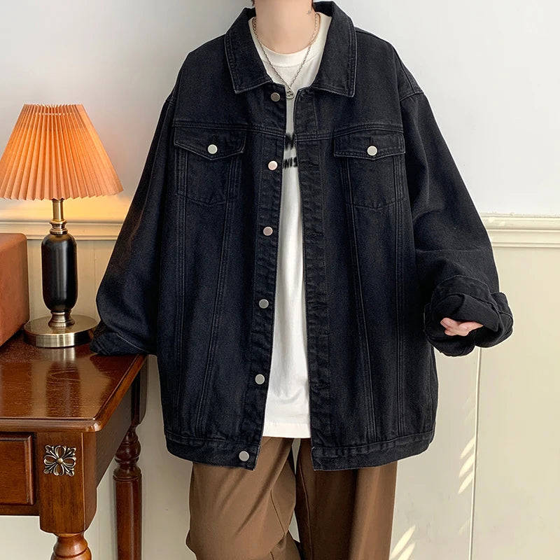Nukty Plus Size 5XL-M Black Denim Jacket for Men, Turn Down Collar, Multi-Pockets, Streetwear Loose Casual Coat