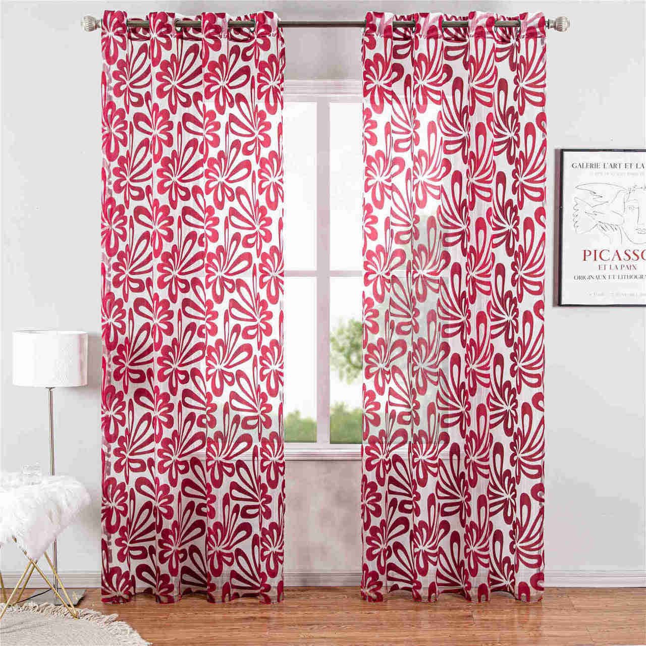 Red Window Sheer Curtains Panel with Geometric Embroidery Design