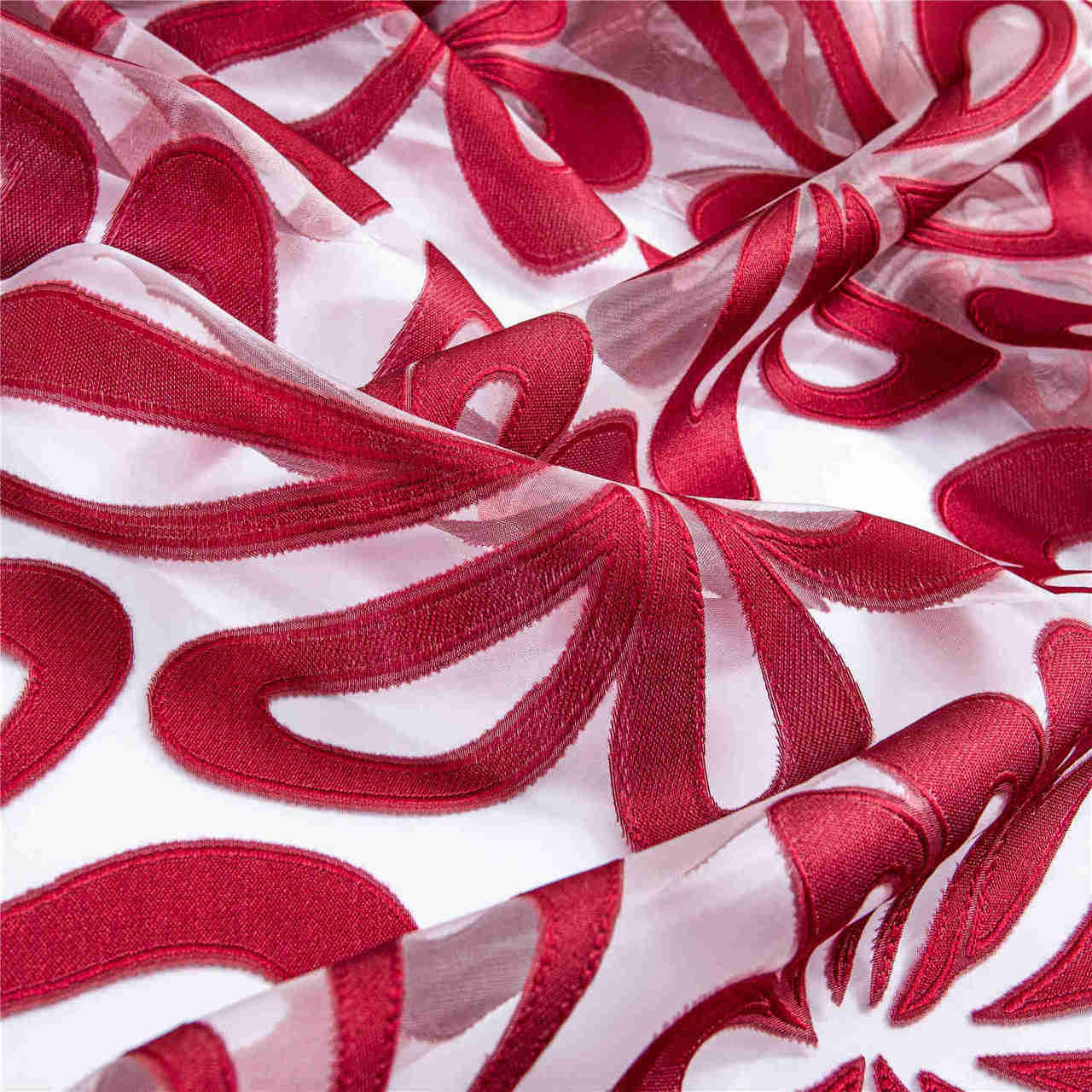 Red Window Sheer Curtains Panel with Geometric Embroidery Design