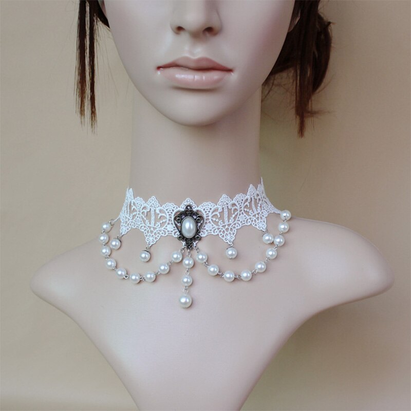 12 Pieces/Lot Sexy Hollow White Lace Pendant Necklaces with Imitation Pearls Beads for Women