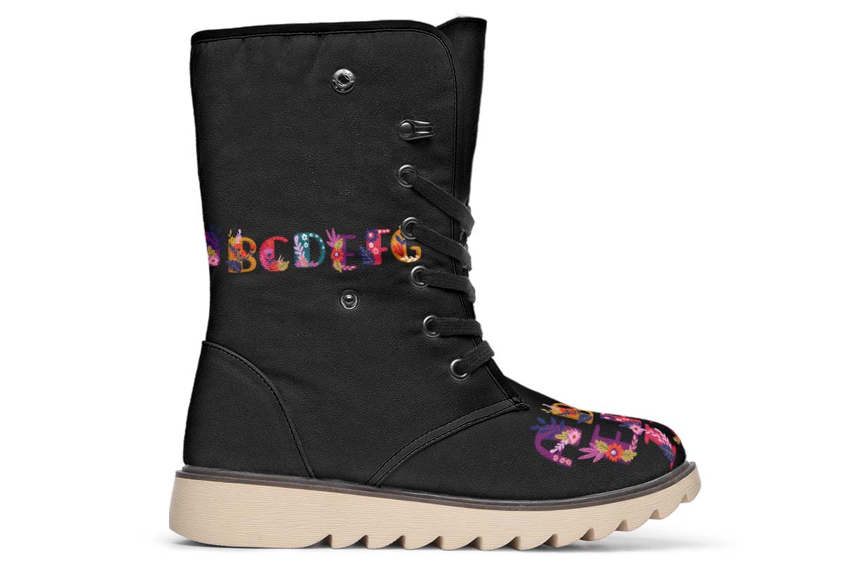 Folk Floral Alphabet Polar Vibe Boots - Custom Printed, Vegan & Water Resistant