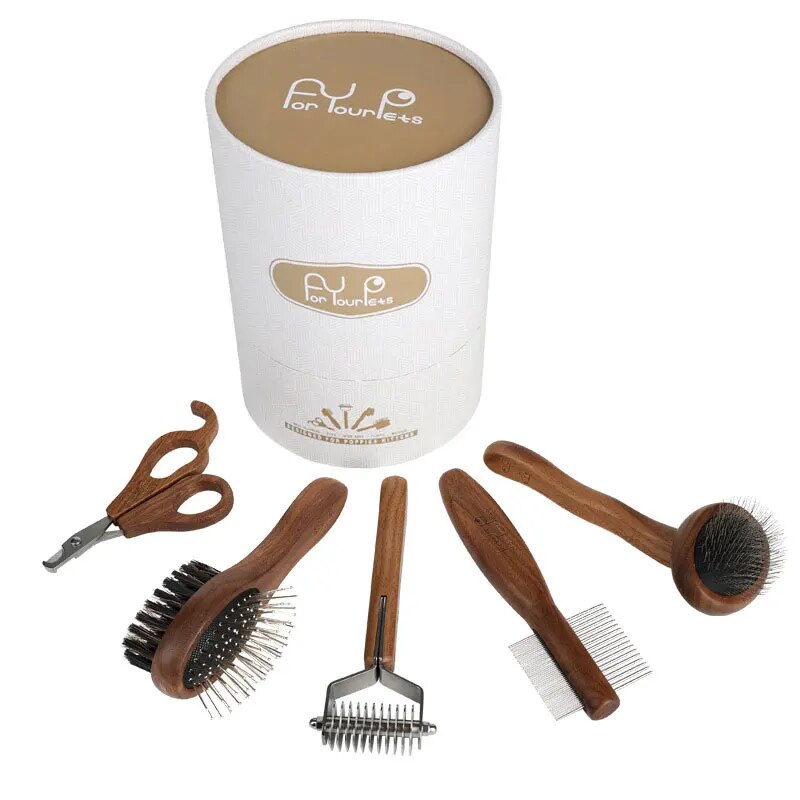 Pet Comb Nail Clipper Set - Stainless Steel Dog Grooming Tool with Wood Handle