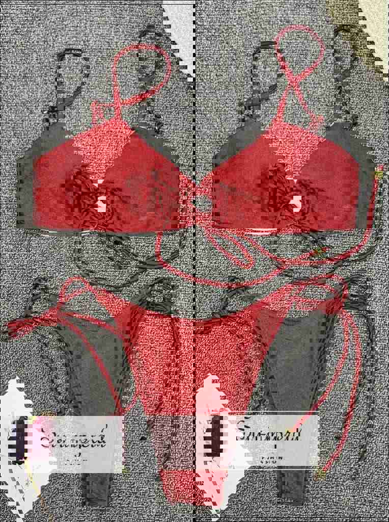 Scalloped String Bikini Swimsuit - Red Wine