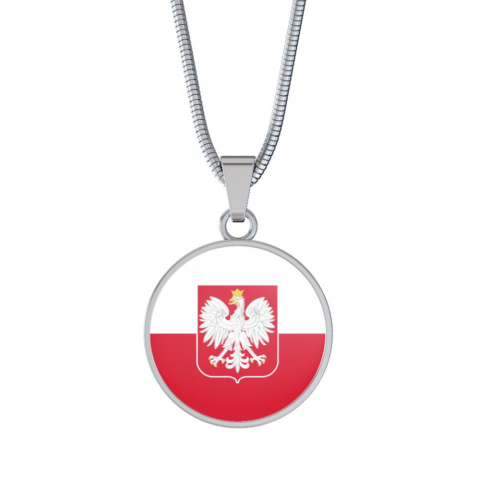 Polish Flag With Circle Pendant Necklace - Adjustable Surgical Steel & Shatterproof Glass