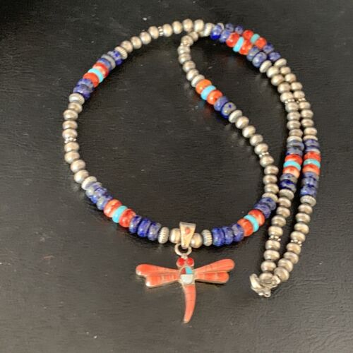 Dragonfly Sterling Silver Turquoise Coral Inlay Multi-Color Pendant Necklace