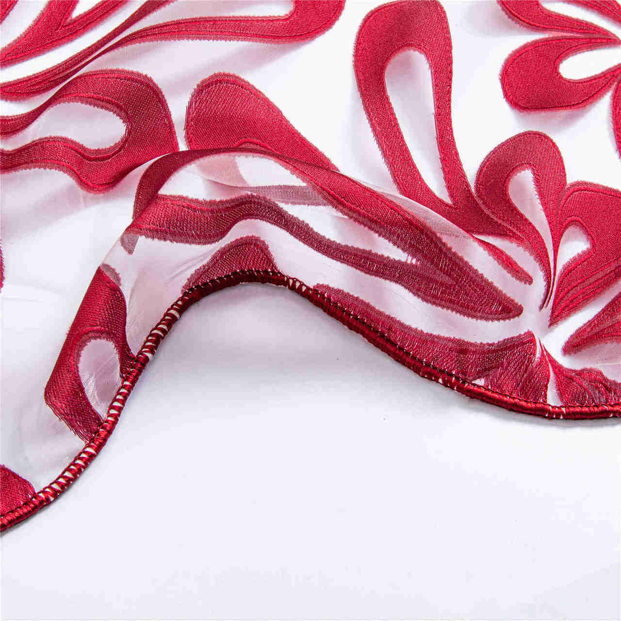 Red Window Sheer Curtains Panel with Geometric Embroidery Design