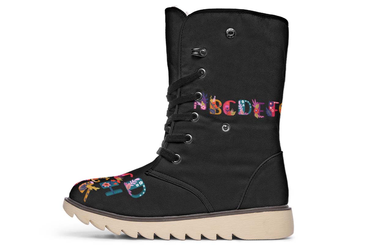 Folk Floral Alphabet Polar Vibe Boots - Custom Printed, Vegan & Water Resistant